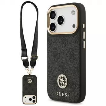 Guess 4G Strass Logo & Big Strap Metal Buttons MagSafe tok iPhone 17 Pro készülékhez, fekete