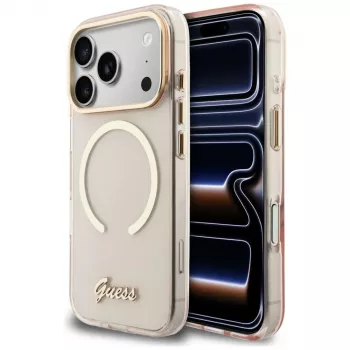 Guess IML Script Metal MagSafe tok iPhone 15 Pro készülékhez, pink