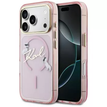 Karl Lagerfeld IML Choupettes KarlScript Logo MagSafe tok Apple iPhone 17 Pro-hoz, rózsaszín