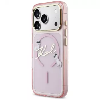 Karl Lagerfeld IML Choupettes KarlScript Logo MagSafe tok Apple iPhone 17 Pro-hoz, rózsaszín