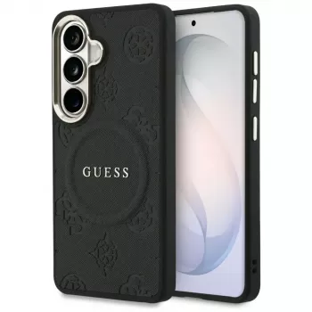 Guess Saffiano Peony Embossed Ring MagSafe tok Samsung Galaxy S26 készülékhez, fekete