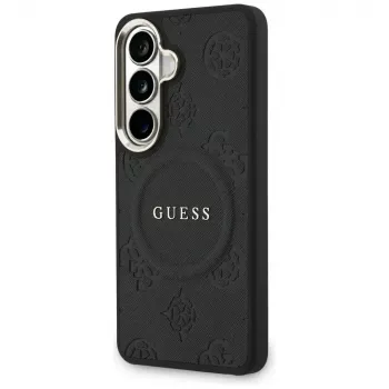Guess Saffiano Peony Embossed Ring MagSafe tok Samsung Galaxy S26 készülékhez, fekete