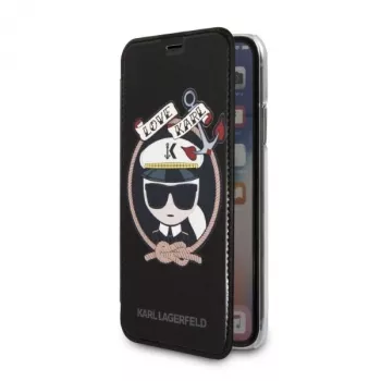 Karl Lagerfeld KLFLBKPXKSB Signature Glitter könyvtok iPhone X/Xs-hez, fekete