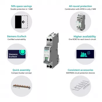 Siemens 5SV13166KK16 RCBO 2-pólusú 16 A 30 mA, B-karakterisztika, A típus, 6 kA