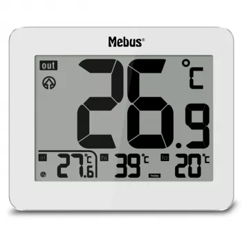 MEBUS 1074 digitális hőmérő belső és külső hőmérséklettel, LCD kijelző, falra szerelhető, fehér