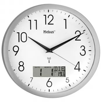 MEBUS 19422 rádióvezérlésű falióra, analóg, fehér számlap, ezüst ház, 30 cm
