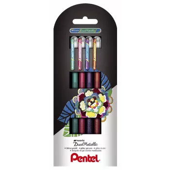 Pentel Dual Metallic gél toll készlet - 4 szín (zöld, narancs, rózsaszín, lila) - 0,5 mm finomhegy - műanyag ház - buborékcsomagolás