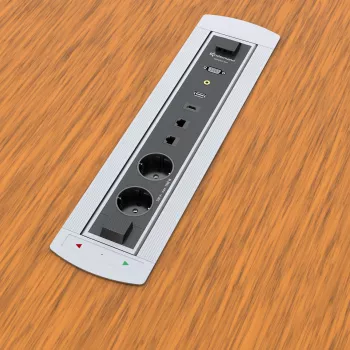 Kindermann CablePort Turn asztali beépíthető doboz 2 Schuko-aljzattal, 2 RJ45 CAT6, 2 HDMI, 1 USB-A 3.0, 360°-os forgatással, ezüst/fekete