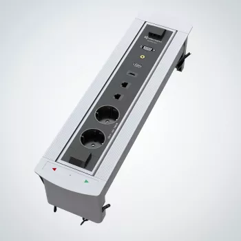 Kindermann CablePort Turn asztali beépíthető doboz 2 Schuko-aljzattal, 2 RJ45 CAT6, 2 HDMI, 1 USB-A 3.0, 360°-os forgatással, ezüst/fekete