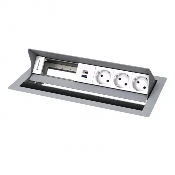 Kindermann CP Standard² 6 foglalatos asztali csatlakozópanel 3x táp és 1x USB-A töltőfunkcióval, ezüst