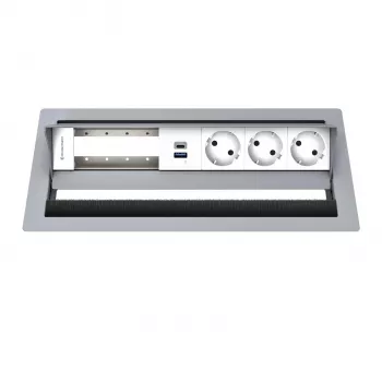 Kindermann CP Standard² 6 foglalatos asztali csatlakozópanel 3x táp és 1x USB-A töltőfunkcióval, ezüst