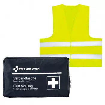 First Aid Only motorkerékpáros elsősegélykészlet DIN 13167 kék figyelmeztető mellénnyel