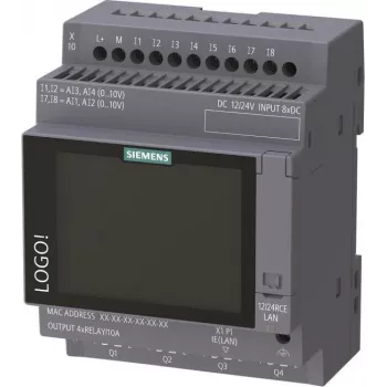 Siemens LOGO! 12/24 RCE logikai modul kijelzővel, 8 DI/4 AI/4 relé, 12-24V DC, Ethernet, Modbus TCP/IP