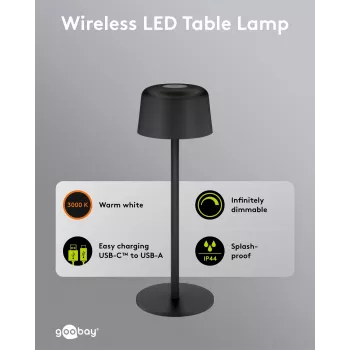 GOOBAY Wireless LED asztali lámpa, S méret, 25 cm, fekete