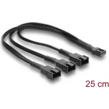Delock ventilátor kábel osztó 1 x 4 pin PWM aljzat dugóra + 2 x 4 pin (3 pin bekötve) dugó fonott köpennyel 25 cm fekete