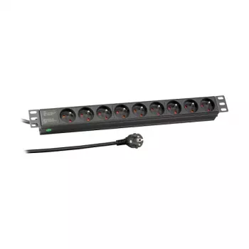 EFB Elektronik EK631FR.1 19 inch 1U rack szerelhető elosztó, 9 x francia/UTE aljzat, CEE 7/7 dugó, 1,8 m kábel, 16A, 230V, fekete