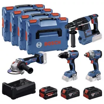 BOSCH POWERTOOLS Combo Kit 18V akkus fúró-csavarozó, ütvecsavarozó, fúrókalapács, sarokcsiszoló (4-es szett)