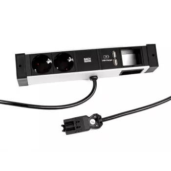 Bachmann DESK Rail elosztó 2 Schuko-aljzattal és 2 USB-töltőcsatlakozóval, 2m kábel, ezüst/fekete