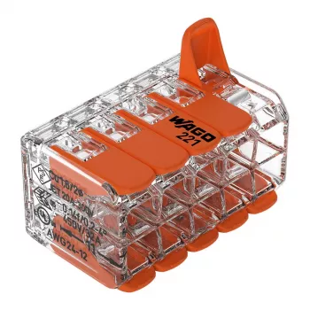 WAGO 221-420 kompakt összekötő karokkal, 10 eres, 0,2–4 mm², átlátszó ház, narancssárga kar, 10 darabos csomag