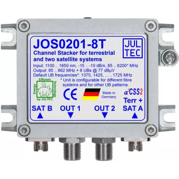 JULTEC JOS0201-8T Unicable II / JESS egykábeles konverter 2x optikai műhold- és 1x optikai földi bemenettel, 8x F-típusú kimenet, FC/PC csatlakozók