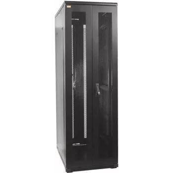 IT-BUDGET 19 inch hálózati szekrény SRK komplett szett 42U 600x600 mm perforált duplaajtó elöl és hátul 4 aktív ventilátor PDU polcok előszerelt fekete (99ITB19SRK4266DTSM)