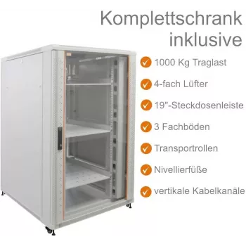 IT-BUDGET 19 inch hálózati szekrény SRK - komplett szett - 27U - 800x800 mm - üveg-/lemezajtó - 4 aktív ventilátor - PDU - betétek - Flatpack - világosszürke (90ITB19SRK2788GG)