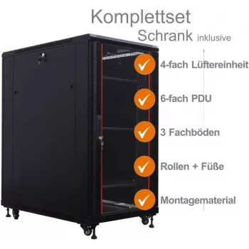 IT-BUDGET 19 inch hálózati szekrény SRK - komplett szett - 27U - 800x800 mm - üveg-/acéllemez ajtó - 4 aktív ventilátor - PDU - betétek - előszerelt - fekete (99ITB19SRK2788GSM)