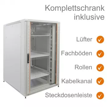 IT-BUDGET 19 inch Network Cabinet SRK Complete Set 27U 800x800mm Glass/Perforated Steel Door 4 Active Fans PDU Shelves Assembled Light Grey