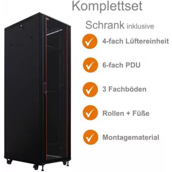 IT-BUDGET 19 inch hálózati rack SRK - komplett szett - 42U - 600x800 mm - üveg-/acélajtó - 4 aktív ventilátor - PDU - polcok - lapos csomagolás - fekete (90ITB19SRK4268GS)