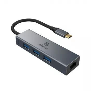 Akasa USB Type-C 4 az 1-ben hub Ethernet porttal, 1 x RJ45, 3 USB-A, USB 3.2 Gen 1