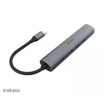 Akasa AK-CBCA22-18BK USB-C többportos adapter - USB 3.2 Gen 1 Type-C HDMI-re, RJ-45, USB-A - alumínium - fekete - 18 cm