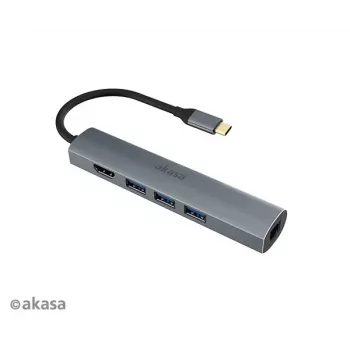 Akasa AK-CBCA22-18BK USB-C többportos adapter - USB 3.2 Gen 1 Type-C HDMI-re, RJ-45, USB-A - alumínium - fekete - 18 cm