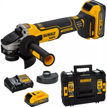 DEWALT DCG405S2T-QW 18V XR akkumulátoros sarokcsiszoló 125mm kefe nélküli 2x5,0Ah akkumulátorral, töltővel és TSTAK kofferrel
