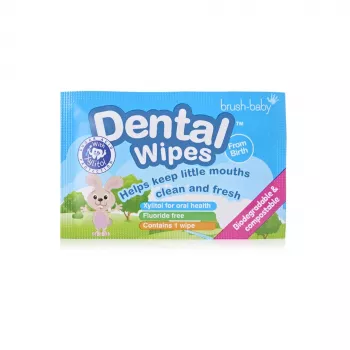 BRUSH BABY xylittel készült fogápoló törlőkendők íny és tejfogak tisztításához 0–16 hónap, 28 db