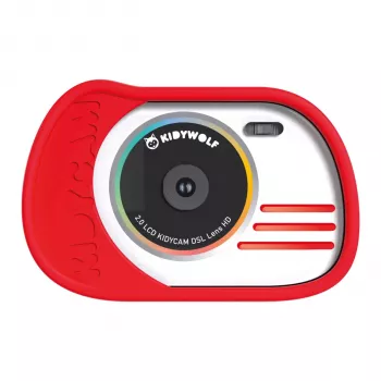 KIDYWOLF fotó- és videokamera piros - 8MP gyerek digitális kamera 2,0 inch LCD-vel, Full HD 1080p, 4x zoom, ütésálló szilikon tok, MicroSD-foglalat, beépített játékok, újratölthető akkumulátor, USB-kábel és nyakpánt
