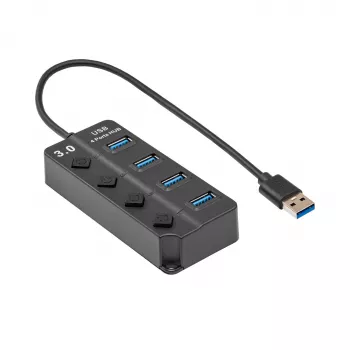 Akyga AK-AD-33 aktív USB-3.0 hub, 4 port egyedi kapcsolókkal, 15 cm, fekete