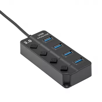 Akyga AK-AD-33 aktív USB-3.0 hub, 4 port egyedi kapcsolókkal, 15 cm, fekete