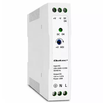Qoltec DIN sínre szerelhető tápegység 20W 12V 1.67A fehér slim
