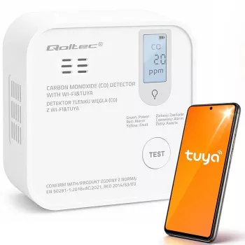 Qoltec tanúsított vezeték nélküli szén-monoxid (CO) érzékelő elemmel, CO érzékelő, TUYA, Wi-Fi, 10 éves érzékelő élettartam, 85dB riasztás, LED