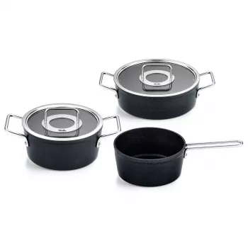 Fissler Adamant edénykészlet, 3 részes: fazék 20 cm, serpenyő 24 cm és nyeles lábos 18 cm, üvegfedővel (156-115-03-000/0)