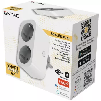 ENTAC Smart WiFi kettős dugalj adapter ES-DSA-WIBLE, fehér, 2 dugalj, 3680 W