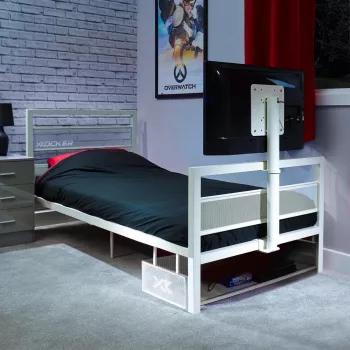 XROCKER gamer egyágyas ágy 90x190cm TV-tartóval fém fehér