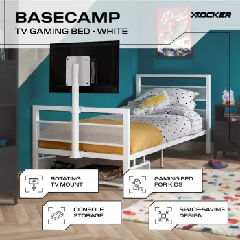 XROCKER gamer egyágyas ágy 90x190cm TV-tartóval fém fehér