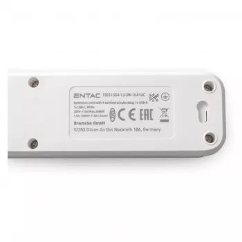 ENTAC elosztó 4 csatlakozós 1x USB-A és 1x USB-C, 1,5m fehér