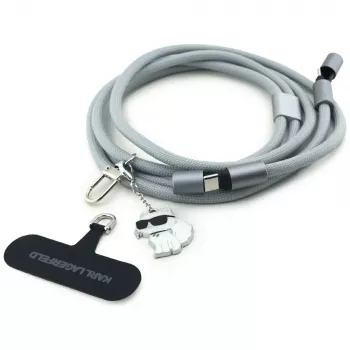 Karl Lagerfeld Crossbody Strap Choupette Charm - univerzális telefontartó pánt / USB-C to USB-C kábel 1,5m (szürke)