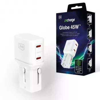 3mk incharge® Globe 45W™ 2C PD QC4+ PPS SCP AFC US/EU/AUS/UK fehér
