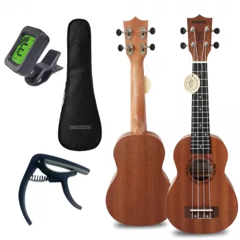 MOZOS GECKO szoprán ukulele szett – természetes fa, 12 bund, nylonszál, tartozék gigbag, hangoló, pengetők, heveder, tartalék húrok, tisztítókendő