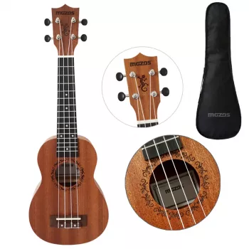 MOZOS GECKO szoprán ukulele szett – természetes fa, 12 bund, nylonszál, tartozék gigbag, hangoló, pengetők, heveder, tartalék húrok, tisztítókendő