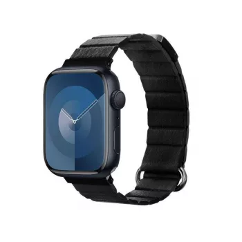 Crong Eclipse valódi bőr mágneses hurkos szíj Apple Watch 44/45/46/49 mm-hez (fekete)