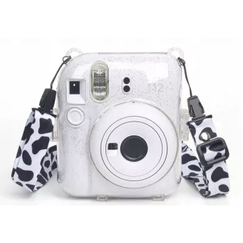 LOVEINSTANT Case for Fujifilm Instax Mini 12 - Cow Print Glitter with Stickers and Photo Pocket